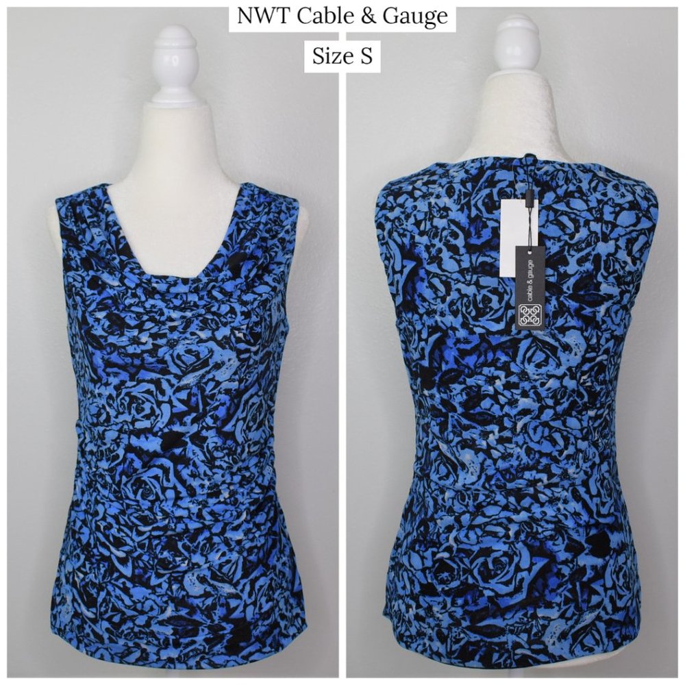 Cable & Gauge Women Floral Draped Neck Mesh Top Size Small Blue Lightweight